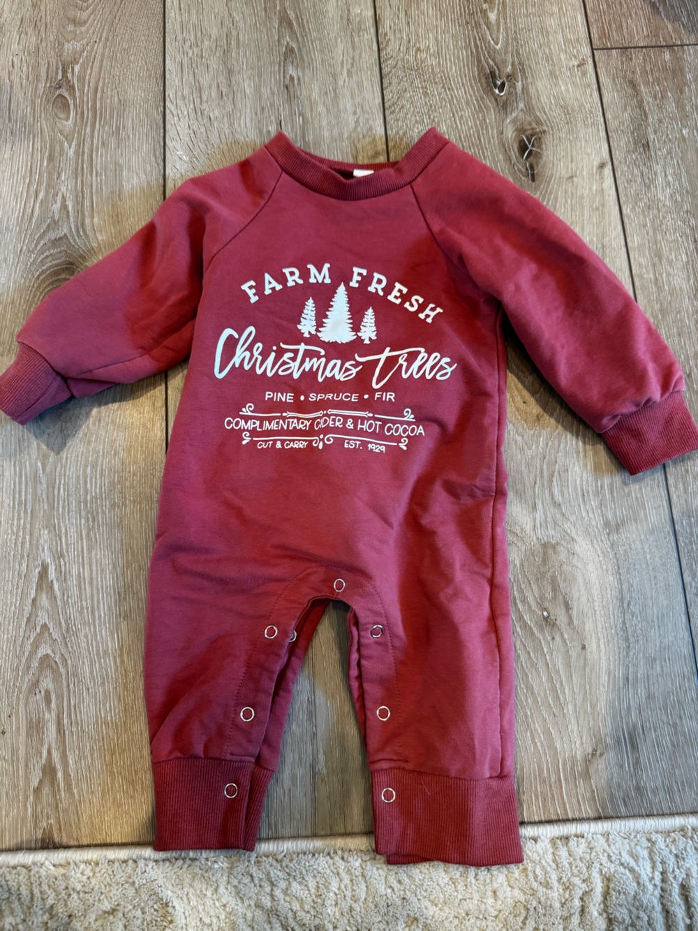 Source Unknown Maroon 'Farm Fresh Christmas Trees' Baby Romper